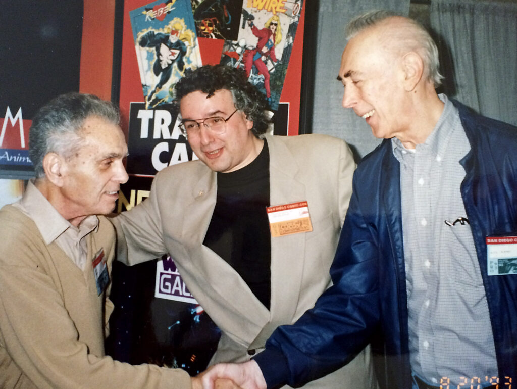 Jack Kirby, Gil Kane, Jim Salicrup at the Topps booth, 1993 San Diego Comic-Con. Photo by Greg Goldstein